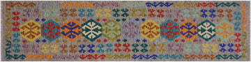 Flat Weave Kilim, Antique, Navaho, Vintage, Handmade, Geometric Kilim Beige Blue Hand-Woven Runner 100% Wool Area Rug 3 x 10